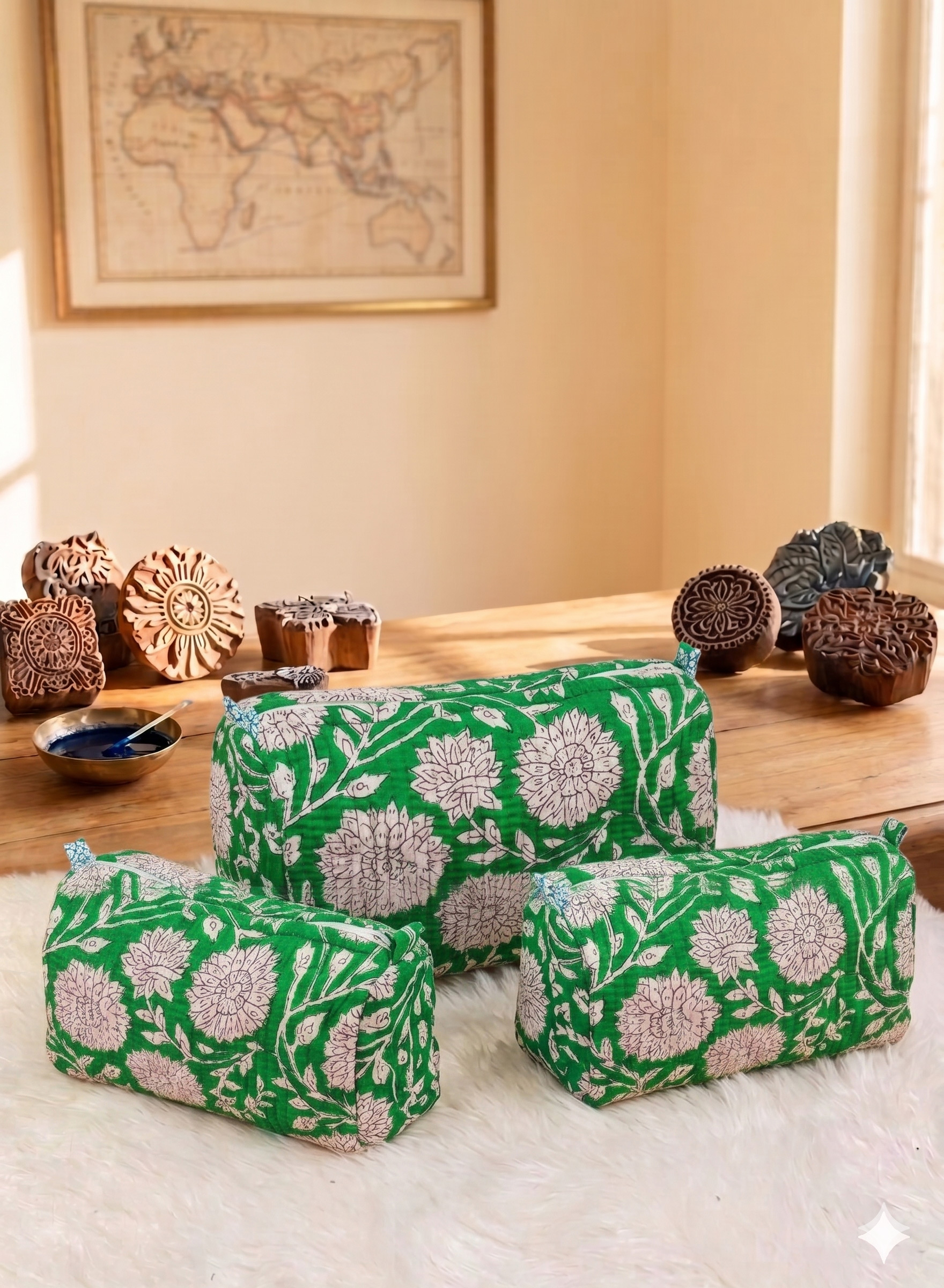 The Emerald Vine Block-Print 3-Piece Vanity Set